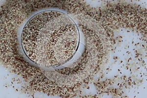 Rajamudi rice in a bowl. It is a variety of red rice that was earlier grown exclusively for the Wadiyars or Maharajas of Mysore photo