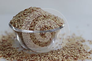 Rajamudi rice in a bowl. It is a variety of red rice that was earlier grown exclusively for the Wadiyars or Maharajas of Mysore photo