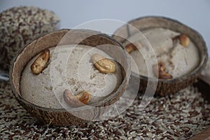 Rajamudi rice vattayappam steamed in coconut shell