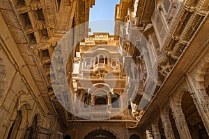 Rajasthan heritage building with intricate artwork known as the Patwon ki Haveli at Jaisalmer, Rajasthan, India