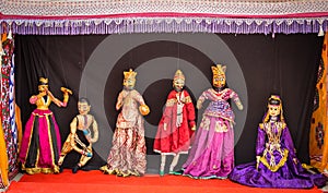 Rajasthani dolls used for puppet show on stage at Rajasthan India