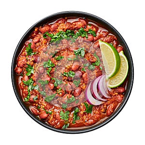 Rajma Masala Curry in black bowl isolated on white. Red Kidney Bean Dal is indian cuisine vegetarian dish