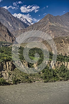 Rakaposhi peak 7788m and  Hunza river, Gilgit Northern Pakistan. Passu region