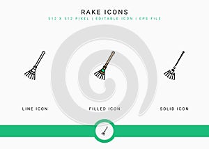 Rake icons set vector illustration with solid icon line style. Plant gardening agriculture concept.