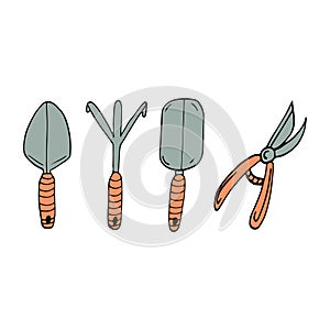 rake, pruner and shovel set hand drawn in doodle style. vector, minimalism, scandinavian, cartoon. collection of garden