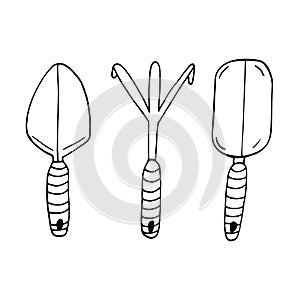 rake and shovel set hand drawn doodle. , minimalism, scandinavian, monochrome, nordic. collection of garden tools