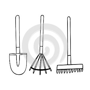 rake and shovel set hand drawn doodle. vector, minimalism, scandinavian, monochrome, nordic. collection of garden tools