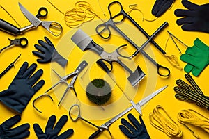 Rake, spade, scissors, rope, gloves. Instruments for grower on yellow background.