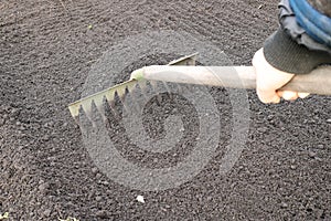 rake - a tool for loosening the soil. Hand holding a rake