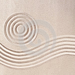 Raked sand patterns in Japanese Zen Garden