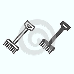 Raker line and solid icon. Gardening tool for rake up leaves. Autumn season vector design concept, outline style