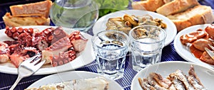 Raki, ouzo glasses and seafood appetizers background, closeup view