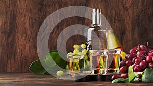 Rakija, raki or rakia - Balkan strong alcoholic drink brandy type based on fermented fruits, vintage wooden table, still life in