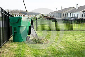 Raking lawn clippings on a suburban estate photo