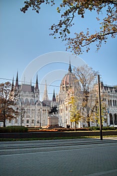 Rakoczi Ferenc equestrian statue on the background of Hungarian paliament building.