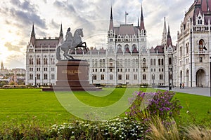 Rakoczi Ferenc monument with inscription `Ancient wounds of the noble Hungarian nation are reclaimed` in front of Hungarian Parl