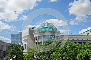 Raleigh NC skyline with the Museum of Natural Sciences glass dome in the foreground