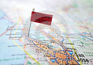 RALEIGH,NC/USA - 5-22-2020: Silicon Valley pin flag in a map of the San Francisco Bay area, including San Jose and Palo Alto