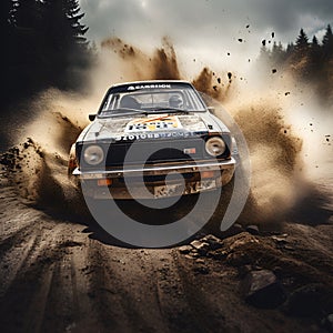 rally car in action on forest dirt road, ai generative