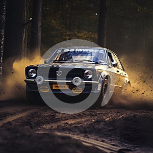 rally car in action on forest dirt road, ai generative