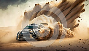 Rally Car Driving in Dirt, Causing Black Clouds of Dust. Generative ai