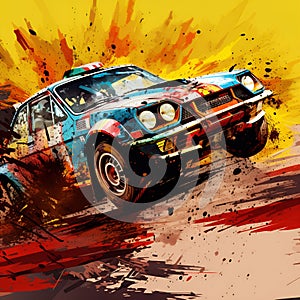 rally car with dust and ink paint art, ai generative