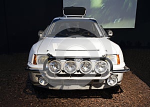 Rally car equipped with headlights