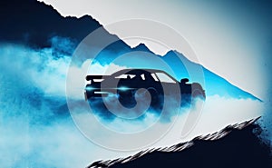 Rally car over blue mountain background