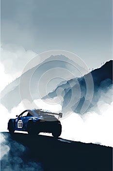 Rally car over blue mountain background