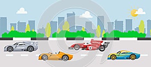 Rally and karting racing speed cars vector illustration on cityscape. Race sport road with speed fast karting