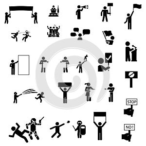 A rally of a political candidate during the presidential election campaign. Rebellions and rallies vector solid icons set