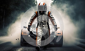 Rally racer in helmet and suit. Sport racing driver standing. generative ai