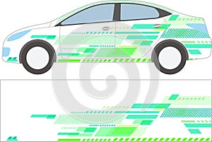 Rallye car design with racing stripes in blue and turquoise green colors