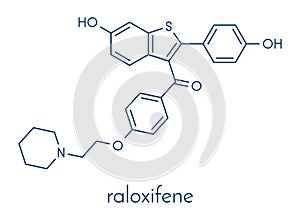 Raloxifene osteoporosis drug molecule. Used in treatment and prevention of osteoporosis in postmenopausal women. Also used to.