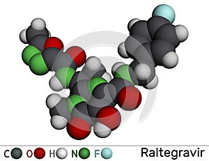 Raltegravir, RAL molecule. It is antiretroviral medication, used to treat HIV, AIDS. Molecular model photo