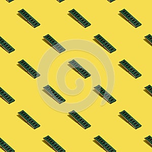 RAM Computer Memory Chip Module seamless pattern on yellow background.