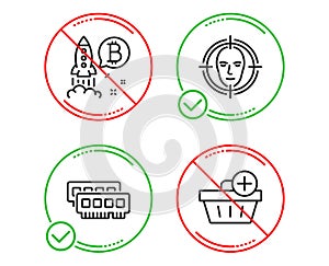 Ram, Face detect and Bitcoin project icons set. Add purchase sign. Vector