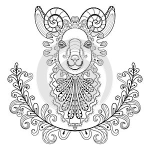 Ram with floral frame. wreathe. Vector zentangle Ram Head illust