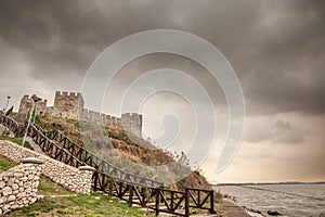 Ram fortress during a cloudy dusk sunset in winter over the danube river. Also called Ramska Tvrdjava, it\'s a