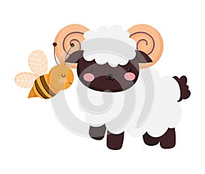 Ram and fyling bee farm animal cartoon