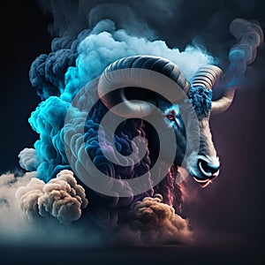 Ram head with clouds of smoke on dark background. 3D rendering generative AI