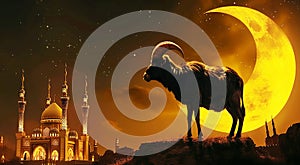 A ram with horns on the background of Muslim mosque with minarets and a yellow moon photo