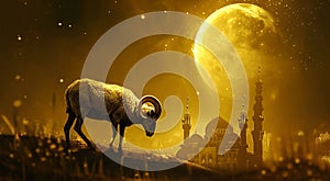 A ram with horns on the background of Muslim mosque with minarets and a yellow moon photo