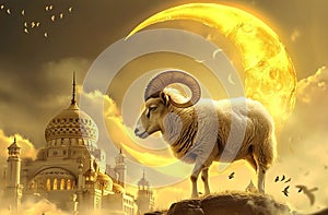 A ram with horns on the background of Muslim mosque with minarets and a yellow moon photo