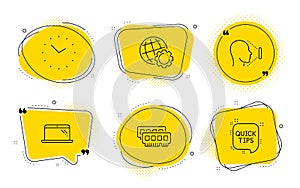 Ram, Laptop and Time icons set. Globe, Face id and Quick tips signs. Random-access memory, Computer, Clock. Vector