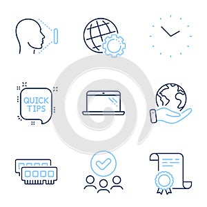 Ram, Laptop and Time icons set. Globe, Face id and Quick tips signs. Random-access memory, Computer, Clock. Vector