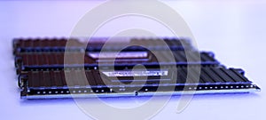 RAM memory modules. Computer components. Close up. Selective focus