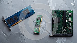 Wi-Fi card, RAM chip and computer motherboard in gray table, shutdown