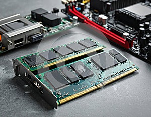 Wi-Fi card, RAM chip and computer motherboard in gray table, shutdown