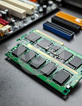 Wi-Fi card, RAM chip and computer motherboard in gray table, shutdown
